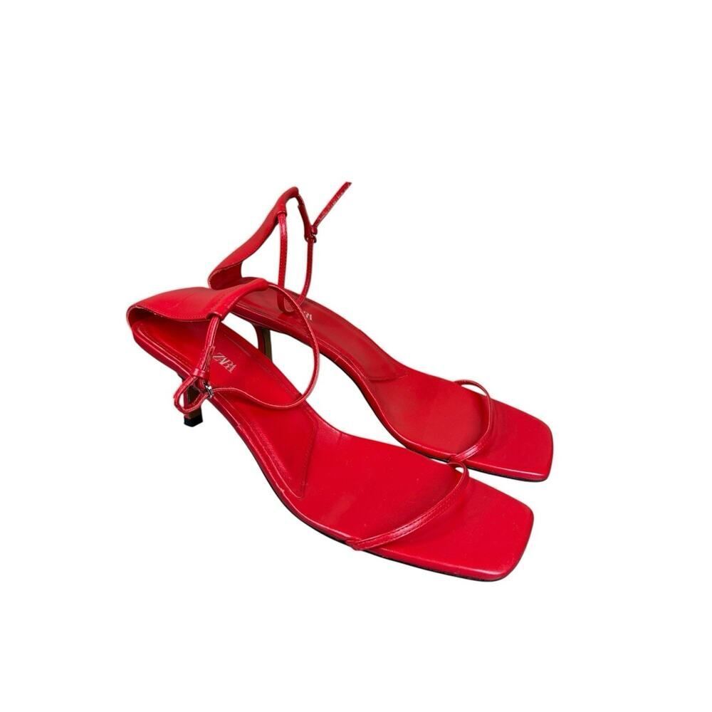 ZARA Red Leather Strappy Heels Square Toe Ankle Strap Sandals EU 42 US 11 - Picture 4 of 11